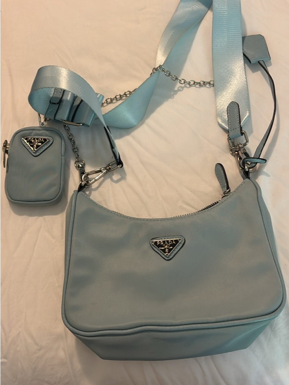 Prada Powder Blue Nylon Shoulder Bag with Coin Pouch